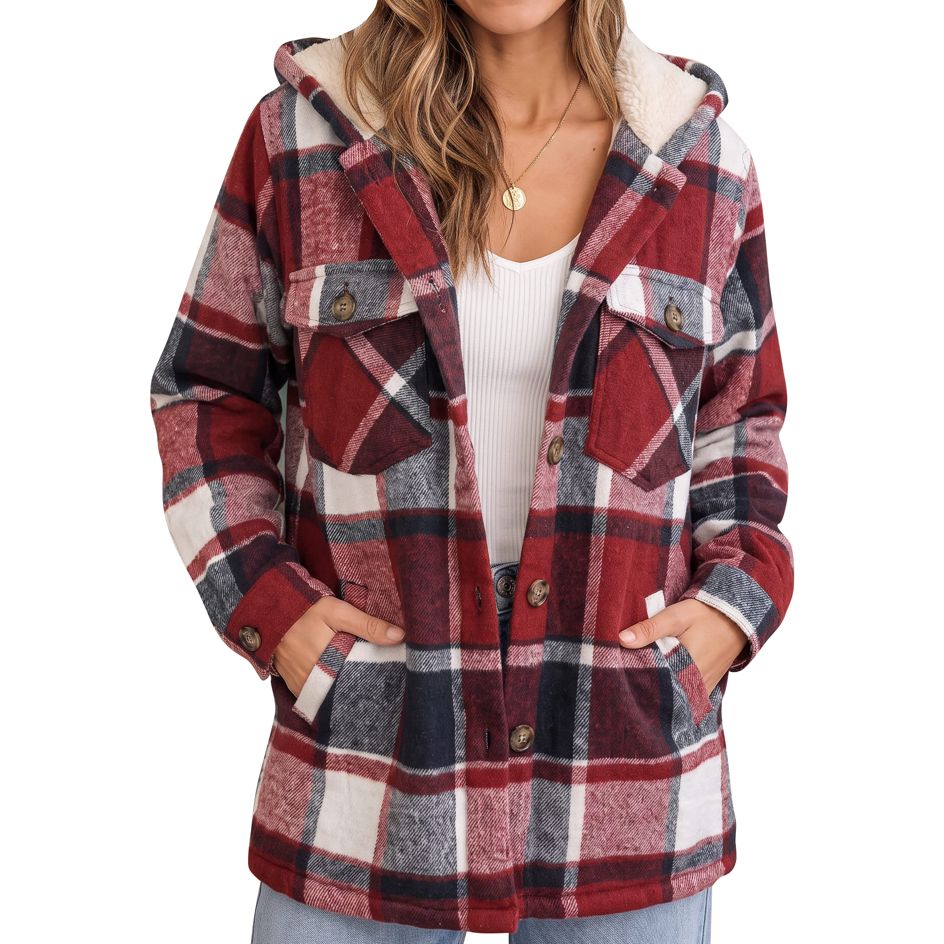 Women's Hooded Plaid Sherpa Lined Button Front Shacket